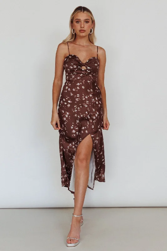 Missoula Cami Strap Padded Bust Midi Dress Printed Brown