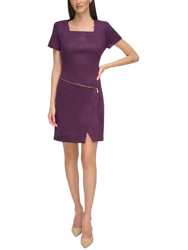 Petites Womens Faux Suede Mini Sheath Dress