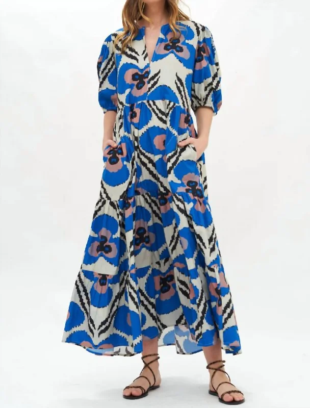 Puff Sleeve Maxi Dress In Patola/cobalt