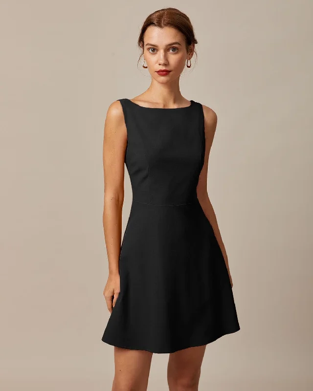 The Black Boat Neck High Waisted Mini Dress