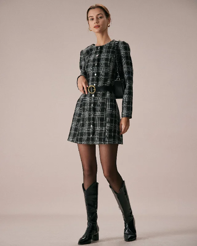 The Black Crew Neck Plaid A-Line Mini Dress