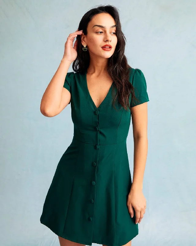 The Dark Green V Neck Button-up Shirt Mini Dress