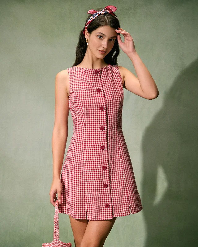 The Red Boat Neck Plaid Mini Dress